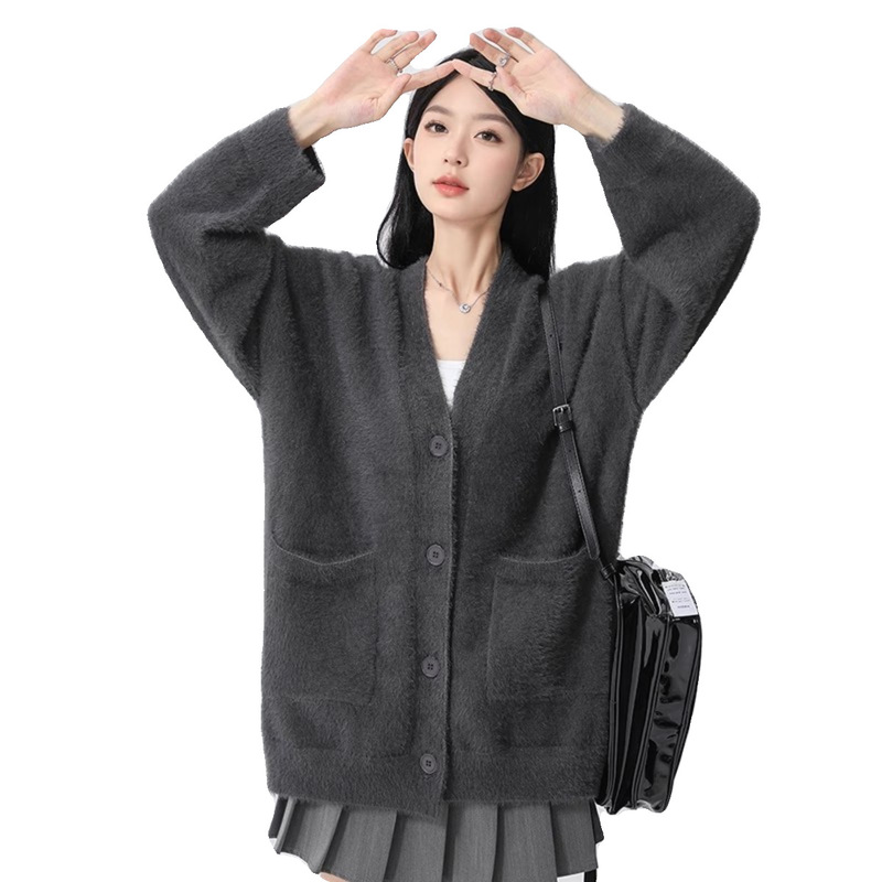 灰色中长款毛衣外套女春秋外搭日系慵懒复古奶系穿搭软糯针织开衫|undefined