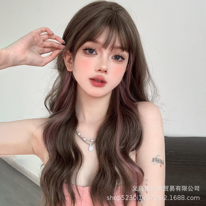 Cross-border wig women's long hair dyed pink Japanese lolita straight bangs realistic cute women's group hair color water ripple Cross-border wig women's long hair dyed pink Japanese lolita straight bangs realistic cute women's group hair color water ripple
