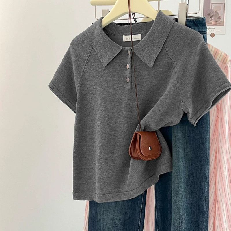 40-count combed cotton polo collar solid color short-sleeve T-shirt for women, Korean style, loose fit, versatile, simple turn-down collar top 40-count combed cotton polo collar solid color short-sleeve T-shirt for women, Korean style, loose fit, versatile, simple turn-down collar top