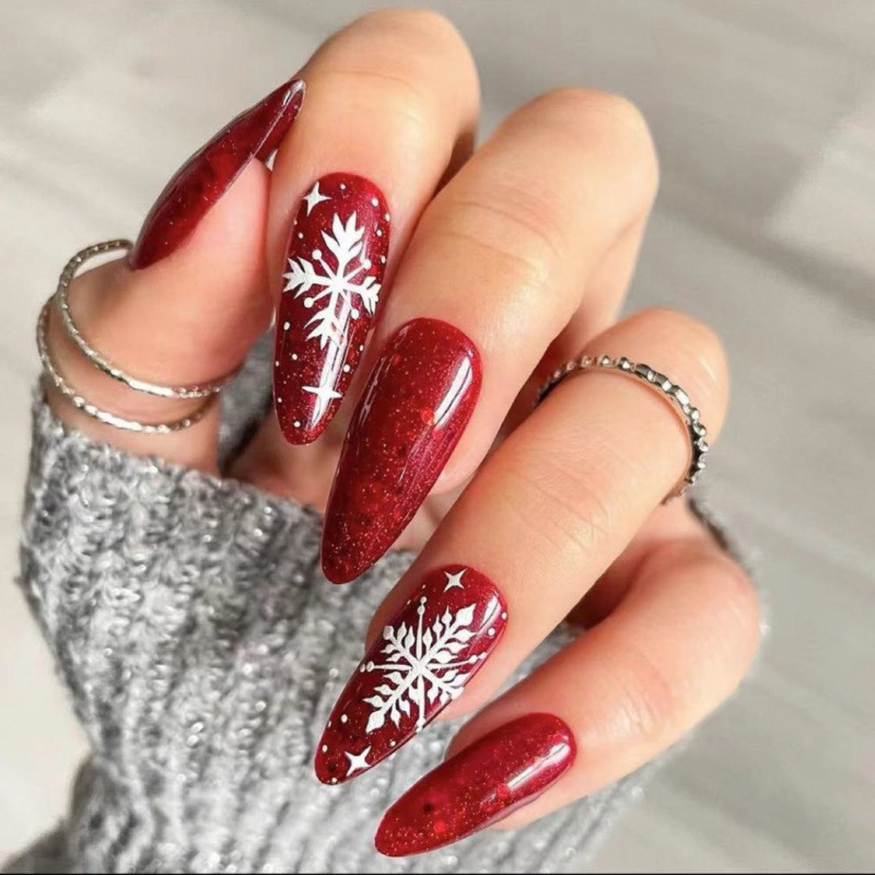 Gold and silver glitter wine red wear nail patch cross-border winter snowflake Christmas finished detachable nail beauty piece