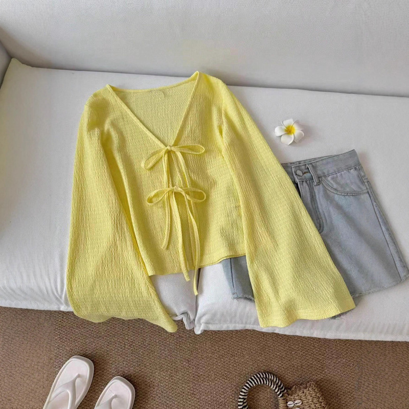 Textured Bow Chiffon Long-Sleeved Shirt Spring and Summer Women's Lazy Style Outer Cardigan Bell-Sleeved Top