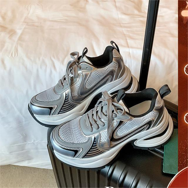 Zhao Lusi~ Silver Height-Increasing 6cm Thick-Soled Women's Sneakers 2024 New Color-Block Casual Dad Shoes Fashion