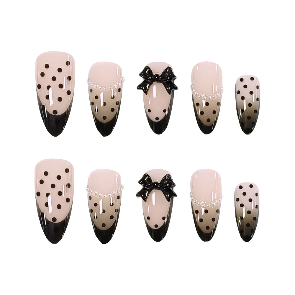 Polvo desnudo negro ondulado punto de manicure francés venta cruzada arco de perlas 24 piezas de parche de uñas