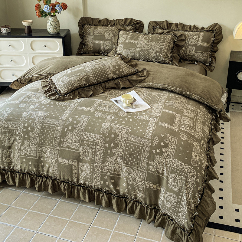 Conjunto de cama de quatro peças em estilo nórdico francês vintage boho com estampa floral francesa, linho lavado vintage com acabamento em renda, inclui capa de edredom e lençol de baixo com elástico._voghion.com