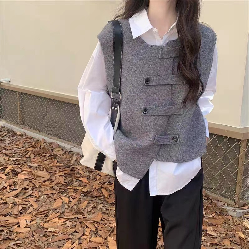 Cross-Border Knitted Vest for Women Spring and Autumn New Style Artistic Style Outer Wear Irregular Waistcoat Double-Breasted Vest Cardigan Cross-Border Knitted Vest for Women Spring and Autumn New Style Artistic Style Outer Wear Irregular Waistcoat Double-Breasted Vest Cardigan