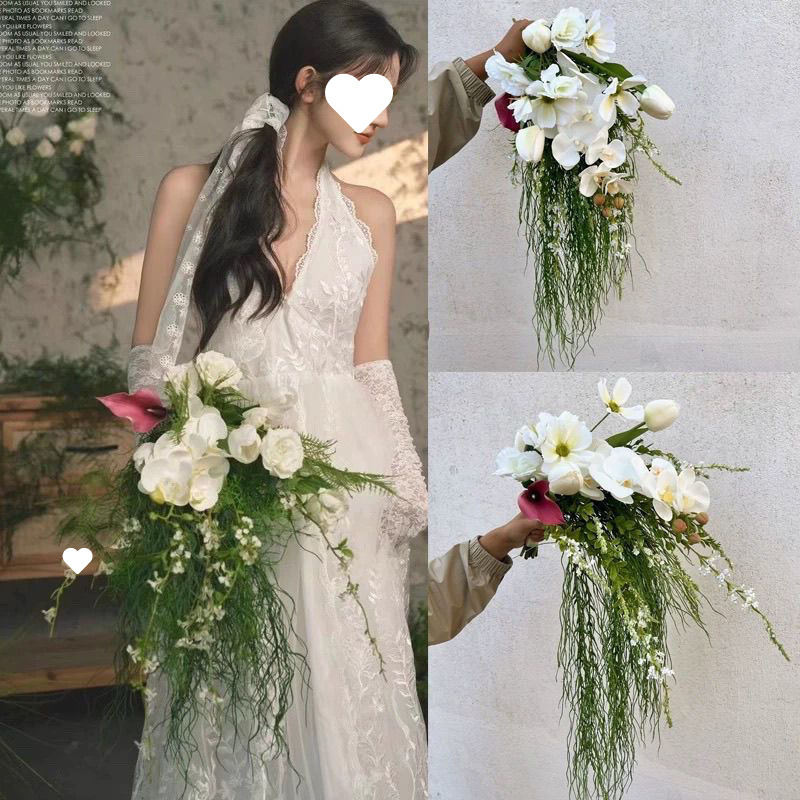 瀑布手捧花新娘仿真花婚纱照影楼拍摄道具文竹蝴蝶兰森系水滴手捧|undefined