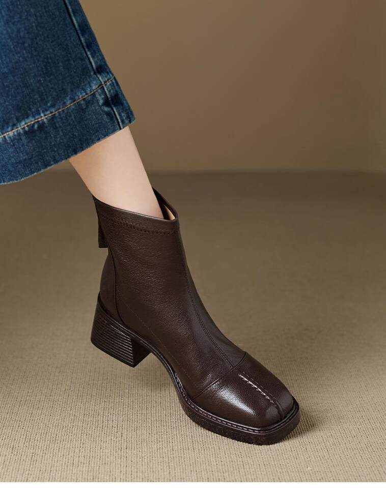Bốt ngắn nữ mũi vuông da bò gót dày 6 cm khóa kéo sau — Màu nâu (lớp lót nhung 6cm) có sẵn hàng, Màu nâu (lớp lót đơn 6cm) có sẵn, Màu đen (lớp lót nhung 6cm) có sẵn hàng, Màu đen (lớp lót đơn 6cm) có sẵn hàng chi tiết 9