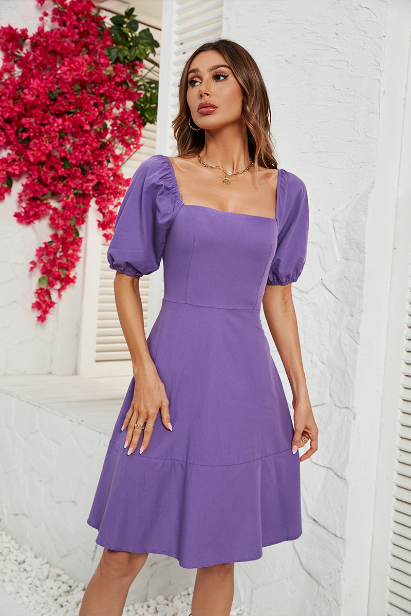2023 Summer New Solid Square Neck Bubble Sleeve Dress for Women_voghion.com