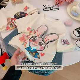 男女童装立体玩偶小狐狸兔子警官T恤夏季洋气可爱公仔亲子装上衣