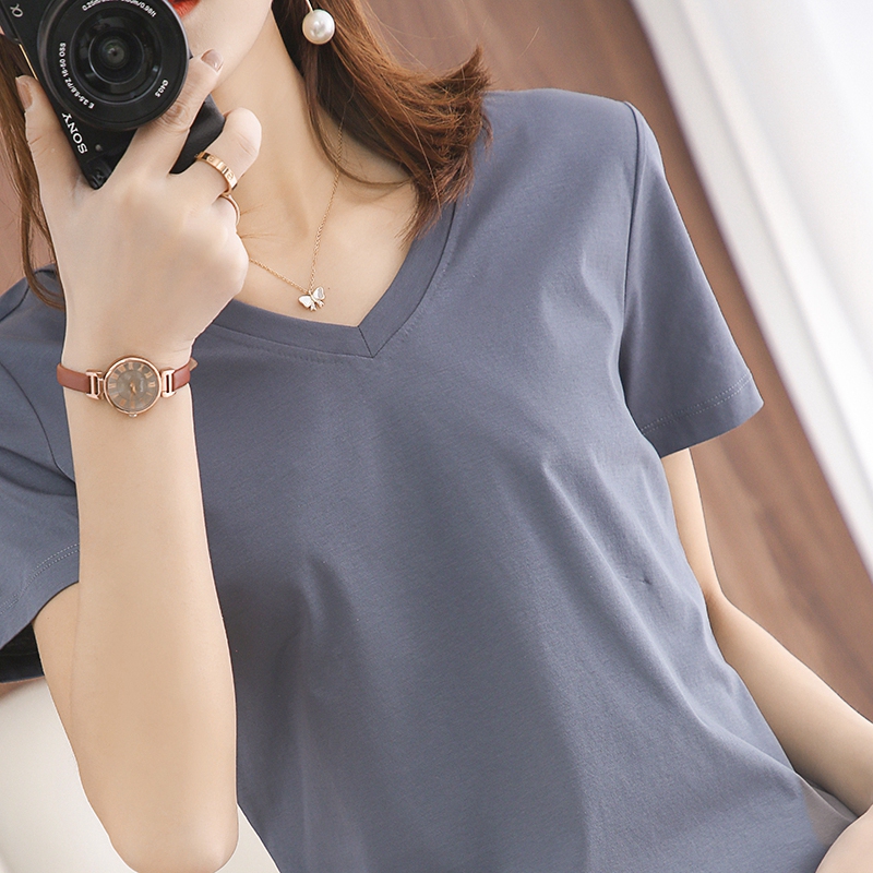 T-Shirt Women's V Neck Short-Sleeved Spring and Summer Loose Short White Versatile Bottoming Top T-Shirt Women's V Neck Short-Sleeved Spring and Summer Loose Short White Versatile Bottoming Top
