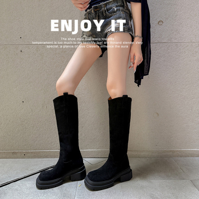 Inner Height-Increasing Boots for Women 2025 Autumn and Winter New Brown Thick-Soled Slim Stretch Suede Boots for Small People