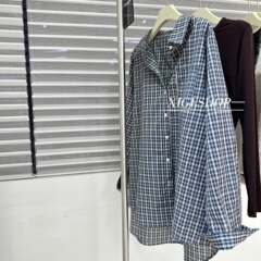 复古韩系蓝色小格纹长袖衬衫女秋款宽松慵懒显瘦休闲百搭衬衣ins