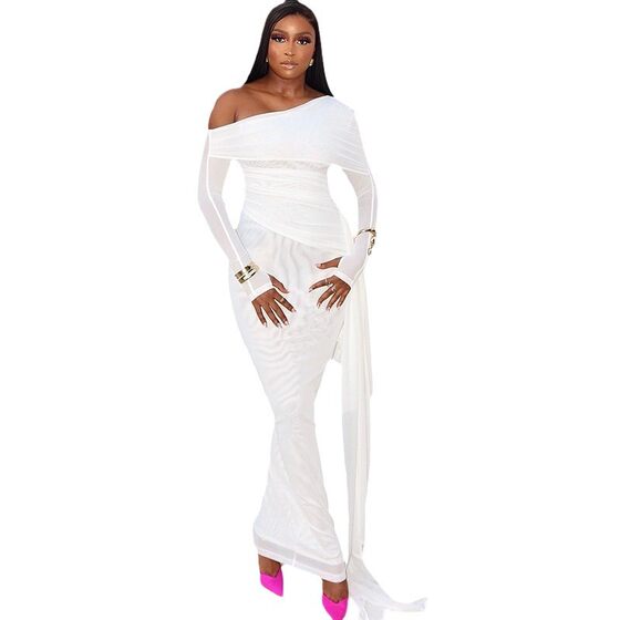 Amazon Cross-border European and American Women's Autumn New Elegant Solid Color Cross Shoulder Long Sleeve Ribbon Slim-fit Mesh dress