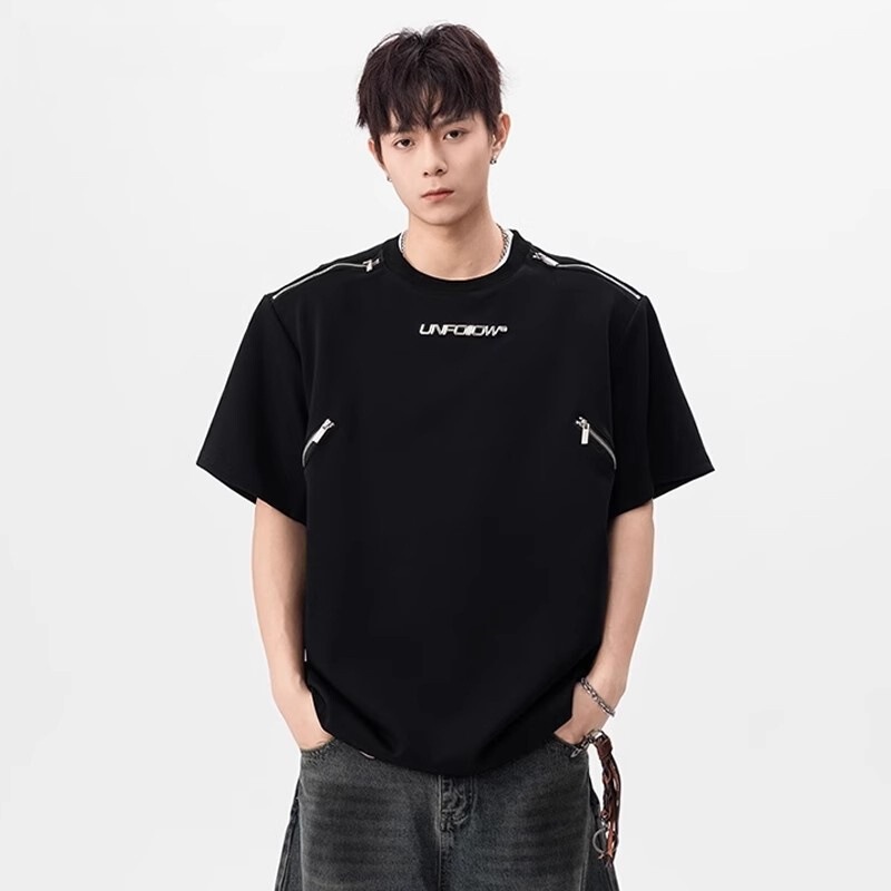 Deconstructed Zipper Metal Logo Short-Sleeved Men's Summer Trendy Brand Cleanfit Versatile Half-Sleeved Design Shoulder Pad T-Shirt Deconstructed Zipper Metal Logo Short-Sleeved Men's Summer Trendy Brand Cleanfit Versatile Half-Sleeved Design Shoulder Pad T-Shirt
