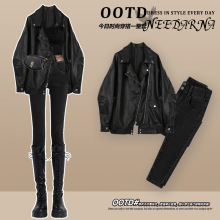 又a又飒黑色皮衣外套职业套装女秋冬装搭配一整套小个子盐系穿搭