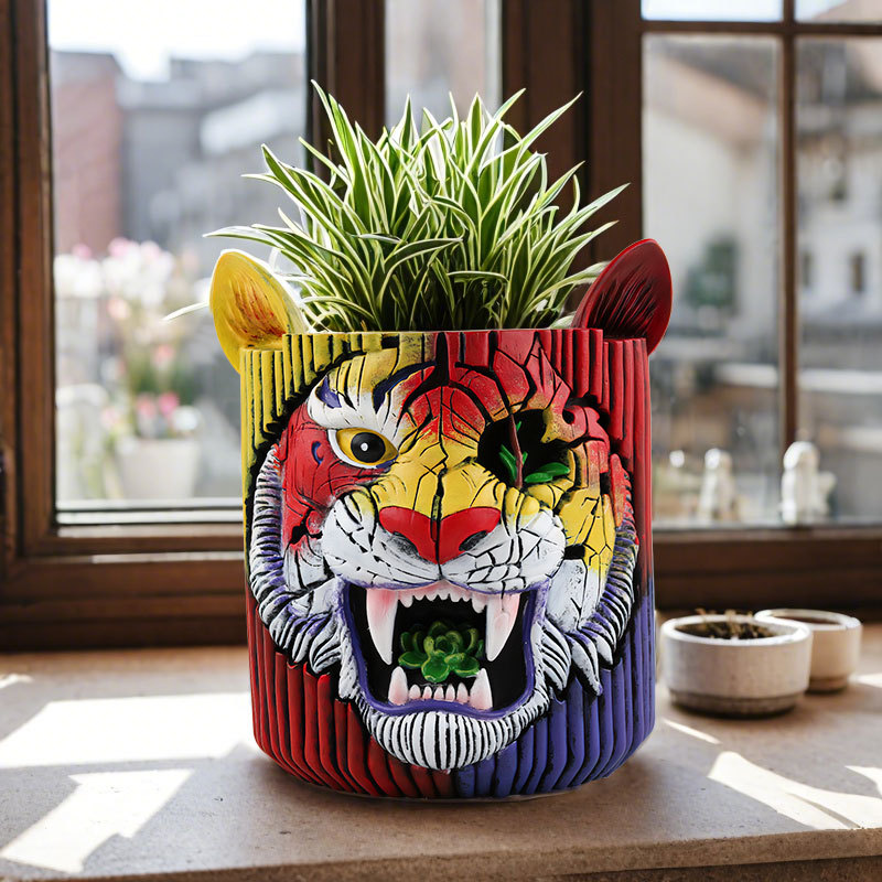  New Creative Colorful Tiger Resin Flower Pot Home Desktop Balcony Hand-painted Art Tiger Face Flower Pot Ornaments
