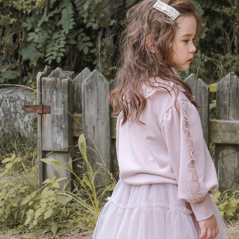 Barneklær Barnejenter Blonder Løs Pullover Langermet hettegenser_voghion.com