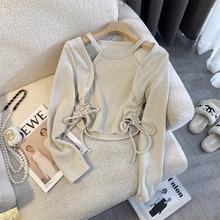 女童假两件打底衫镂空露肩上衣2025春儿童抽绳不规则短款长袖T恤