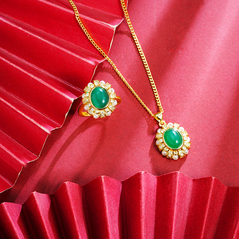 Collar de oro de arena vietnamita, temperamento retro, conjunto de anillo de encaje de perlas de diamantes, el viento del palacio no se desvanece durante mucho tiempo, joyería