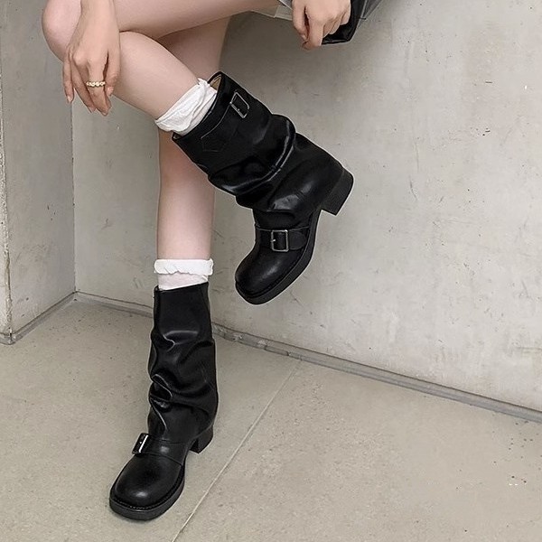 牛皮版~2025新款西部牛仔靴女褶皱堆堆靴皮带扣中筒靴裤管骑士靴|undefined