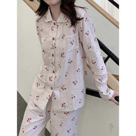 跨境专供外贸女士次品韩系点点樱桃棉纱家居服睡衣套装长袖长裤女