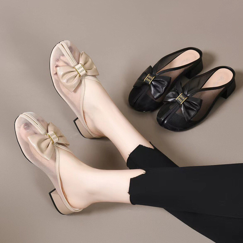 Dép sandal nữ bít mũi lưới da thật đế bệt phong cách tiên nữ — Màu đen
