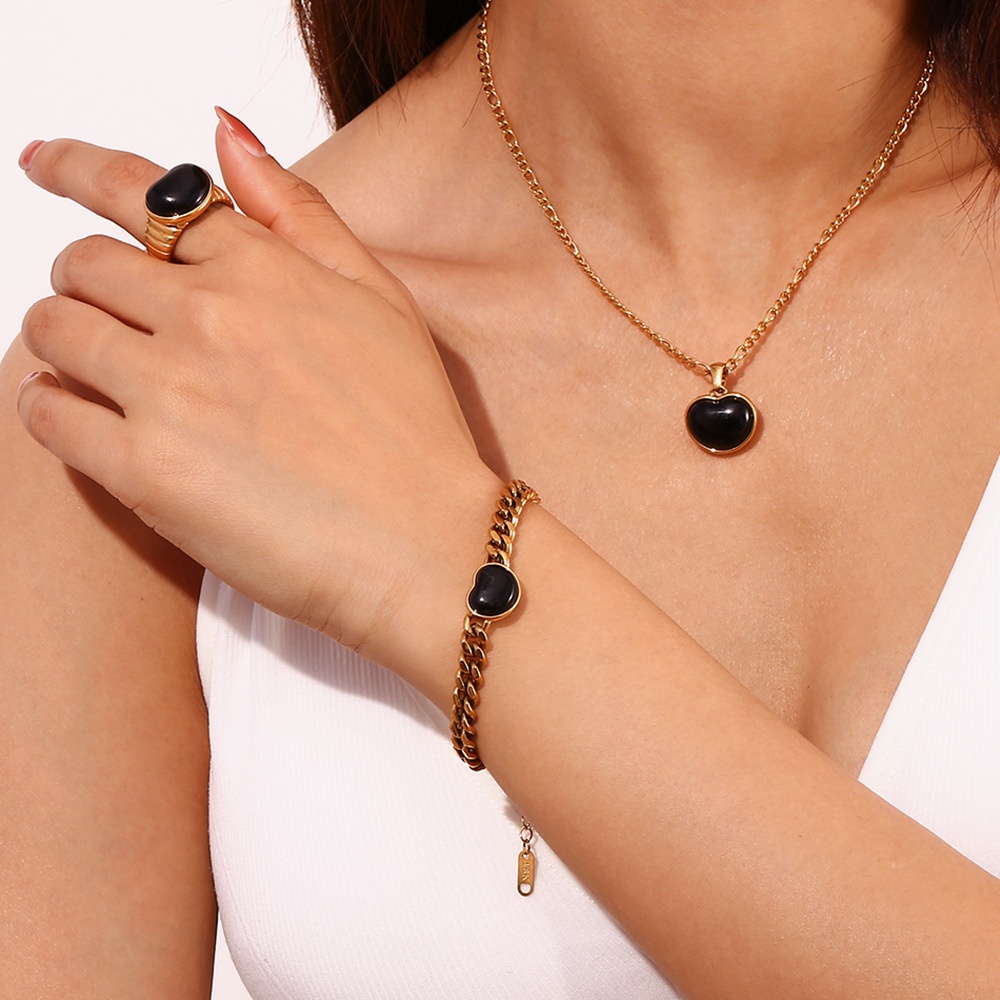 Black Agate Heart Ring Figaro Cuban Chain Bracelet Necklace
