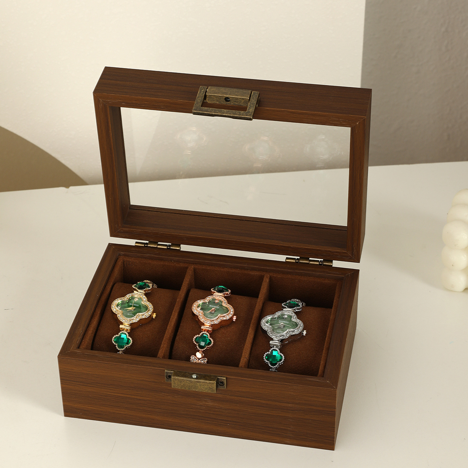 Walnut Wood Grain Wooden 3-Digit Watch Storage Display Box Household Watch Box Wooden Watch Box Ready for Wholesale Universal