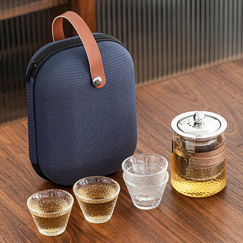 Glass Portable Quick Cup Outdoor Tea Set with One Pot and Four Cups Travel Gongfu Tea Set with Storage