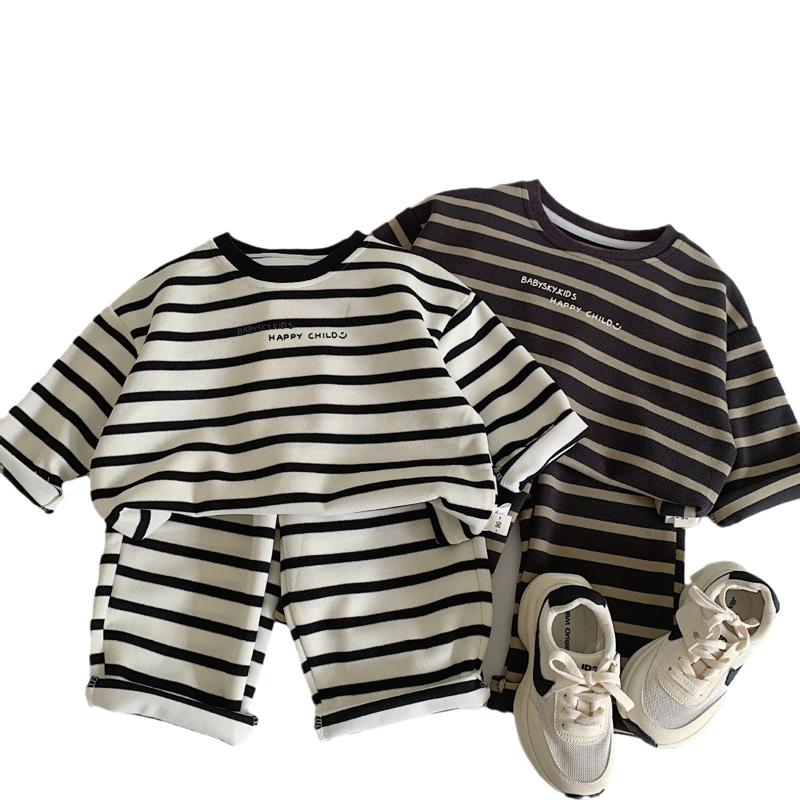 Mei Bao conjunto infantil 2025 primavera y otoño nuevo bebé hombre de moda pantalones de mangas largas para niños con rayas de dos piezas