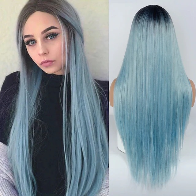Synthetic wig for Women's medium length straight hair highlight dyeing gradient multi-color wig fashionable long bangs machine made_voghion.com