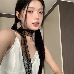 Korean Style Black Pure Desire Lace Ribbon Women's Scarf Hair Band Tie Hair Vintage Decorative Scarf Belt for Autumn and Winter