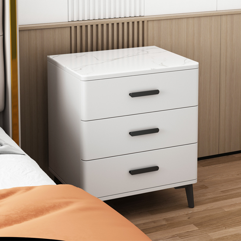 Mesita de noche con tres cajones de madera maciza, tablero de roca, estilo moderno y sencillo, gabinete elevado de tres niveles, gabinete de almacenamiento para dormitorio principal, acabado lacado.