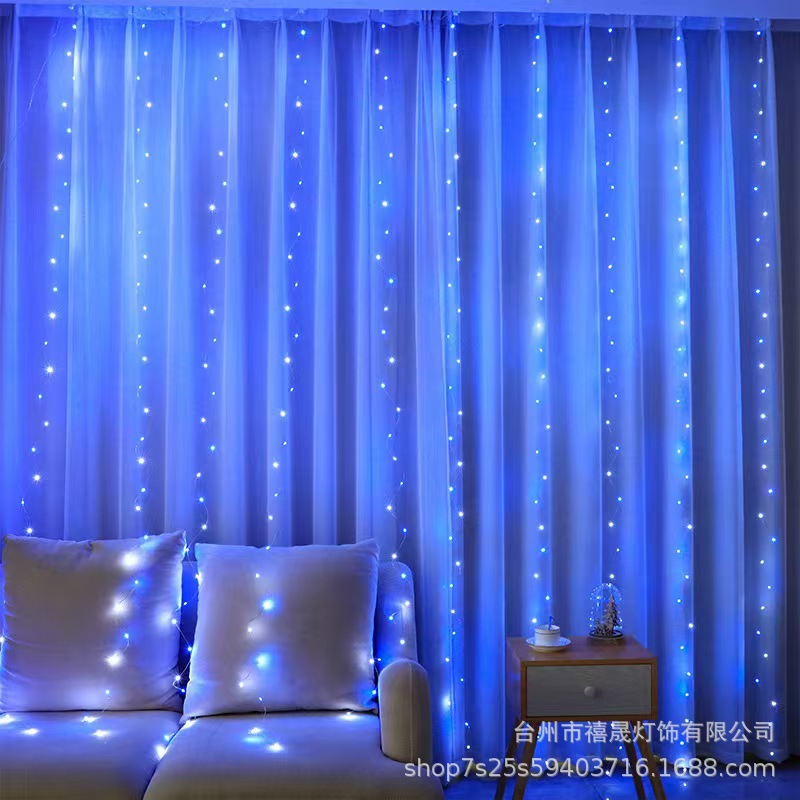 Solar LED cortina lámpara de alambre de cobre 3 * 3m ocho funciones de control remoto estrella iluminación decoración de navidad cadena de luces