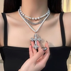 亚比配饰十字架串珠多层叠戴锁骨链珍珠拼接项链配饰女项链甜酷辣