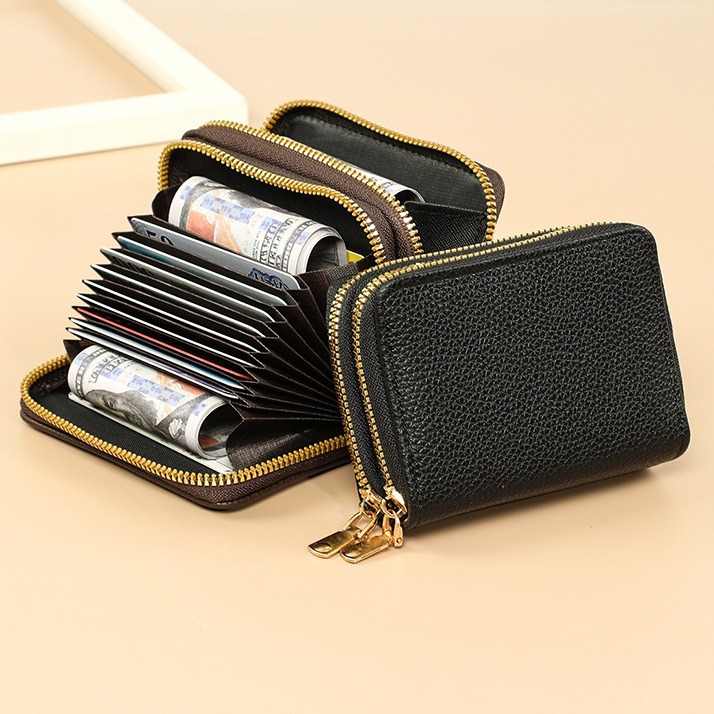Popular Card Holder 2026 New Model Multifunctional Short Style Lychee Pattern Double Zipper Accordion Card Holder Short Simple Coin Purse