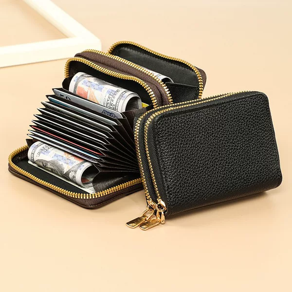 Popular Card Holder 2026 New Model Multifunctional Short Style Lychee Pattern Double Zipper Accordion Card Holder Short Simple Coin Purse