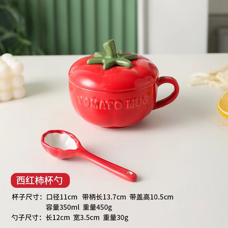 Taza de cerámica con forma de calabaza, manzana y tomate para Nochebuena, con tapa y cuchara, taza de cerámica para el hogar
