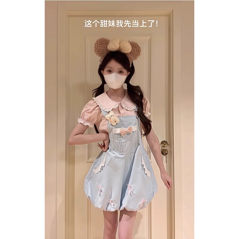おしゃれな和菓子風ポケット大きなリボンブルーオーバーオール+ピンクシャツレディースツーピーストレンドセット|undefined