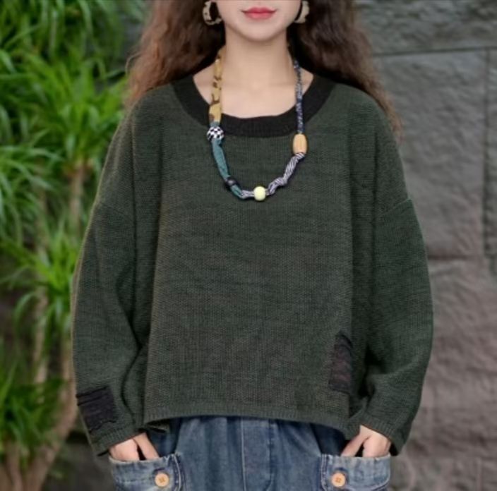 拼色套头毛衣女 秋冬新款 软糯宽松时尚休闲短款显瘦打底针织衫|undefined