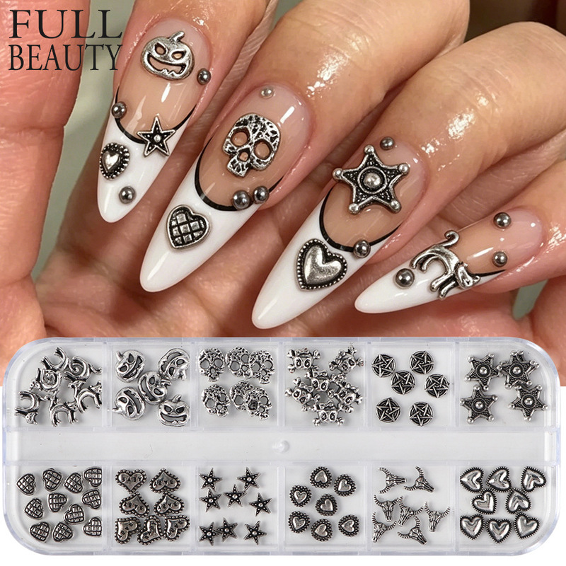 New cross-border nail art accessories in punk style, gun black, cat, star, heart, cartoon, 12-piece mixed nail decorations New cross-border nail art accessories in punk style, gun black, cat, star, heart, cartoon, 12-piece mixed nail decorations