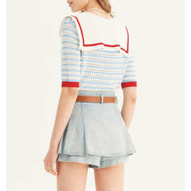 英杰卓家23夏季新款学院风海军领爱心扣条纹镂空短袖针织衫230121