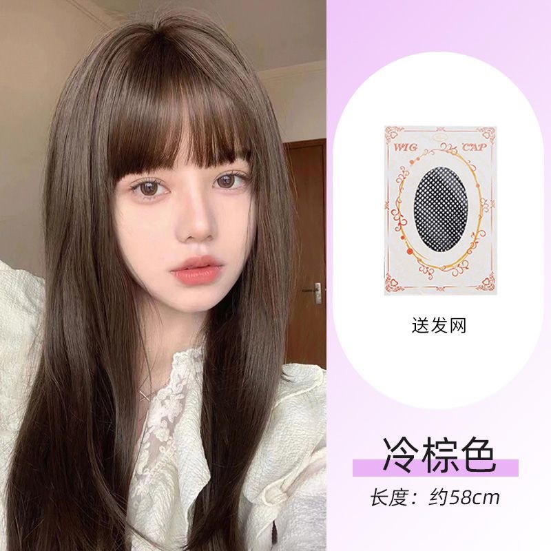 Peruca negra larga y recta para mujeres simulación de cabello largo Fujiangcos Qi Liuhai peluca universal estilo de cabeza completa