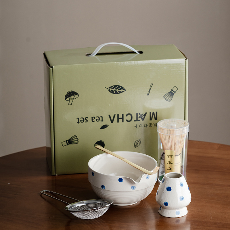 [파란색과 흰색 반점] 해머 패턴 배 말차 그릇 5종 세트(선물 상자)