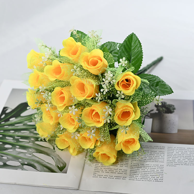 Fuente de fábrica de pantalla de fotos flores de simulación transfronteriza rosa 18 cabezas con hilo de cabeza plana decoración de bodas de hotel ramo de flores falsas