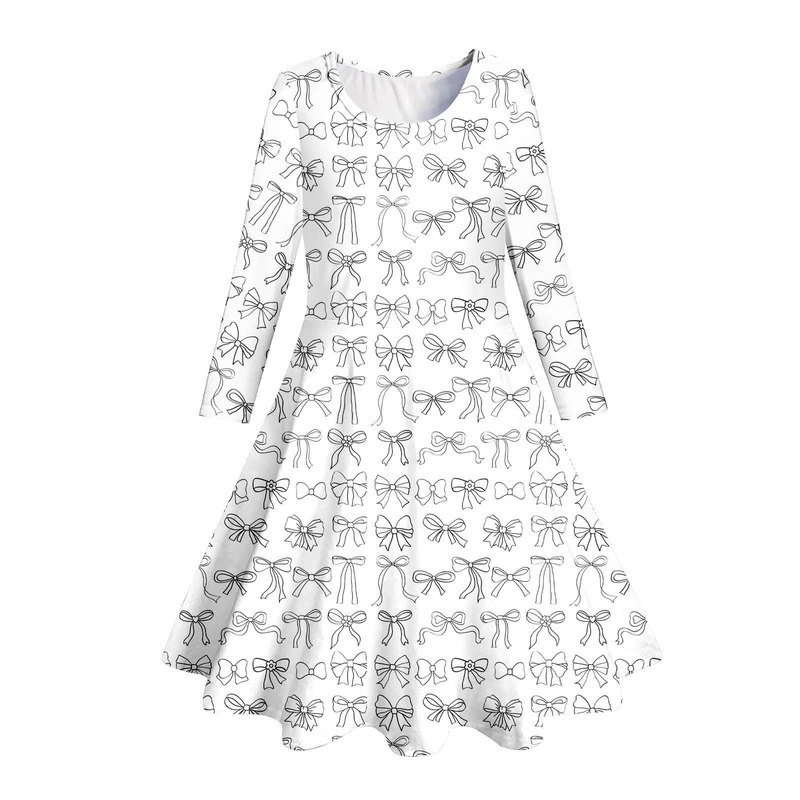 European and American Small Fresh 3D Digital Printing Girls Simple Casual Simple Style Black and White Crewneck Long Sleeve dress