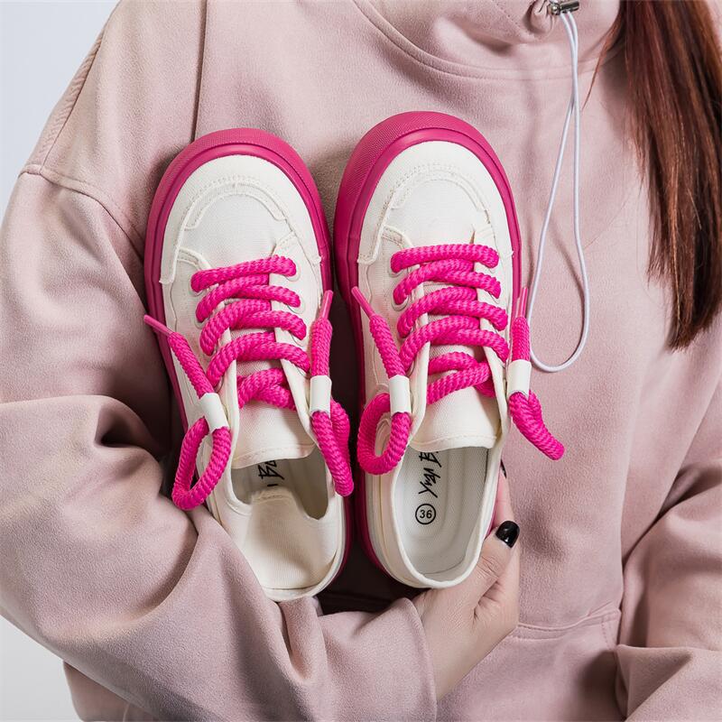 Yuanbo 2023 primavera y verano nuevos zapatos de lona transpirables mujeres estudiantes rosa rojo paso-en dos vías zapatos blancos femeninos top bajo