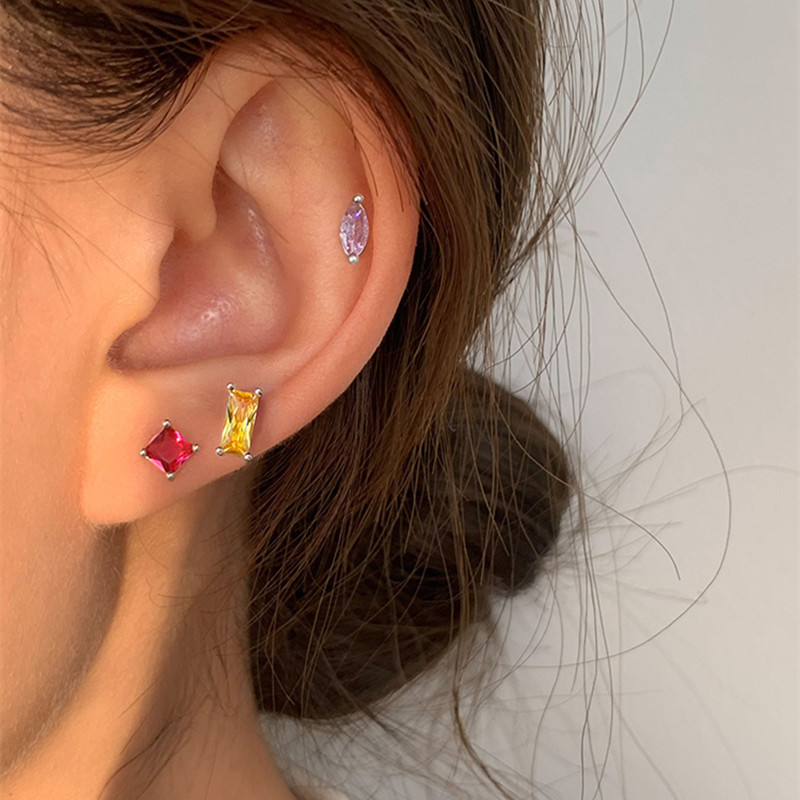 Daily Occasion Silver Material 1 Pair Silver Zircon Square Ear Studs