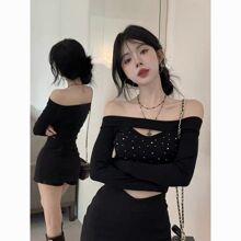 山力达迪美式热辣妹性感镂空一字领上衣女低胸烫钻修身显瘦高级感