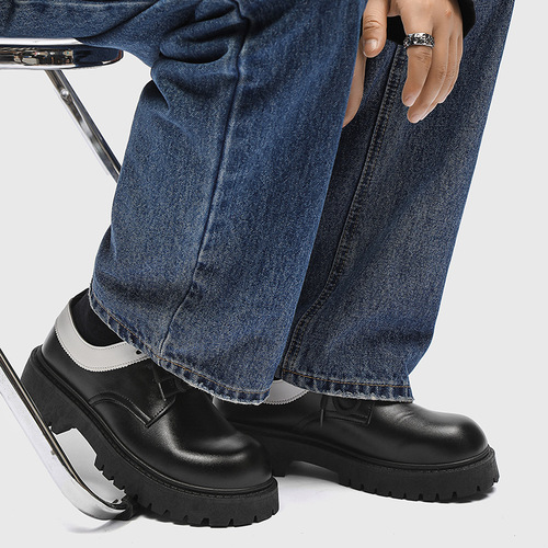  New Men's Black Casual Leather Shoes Big Toe Mickey Derby Niche Low-top Thick Sole Height-increasing Men's Shoes Z01